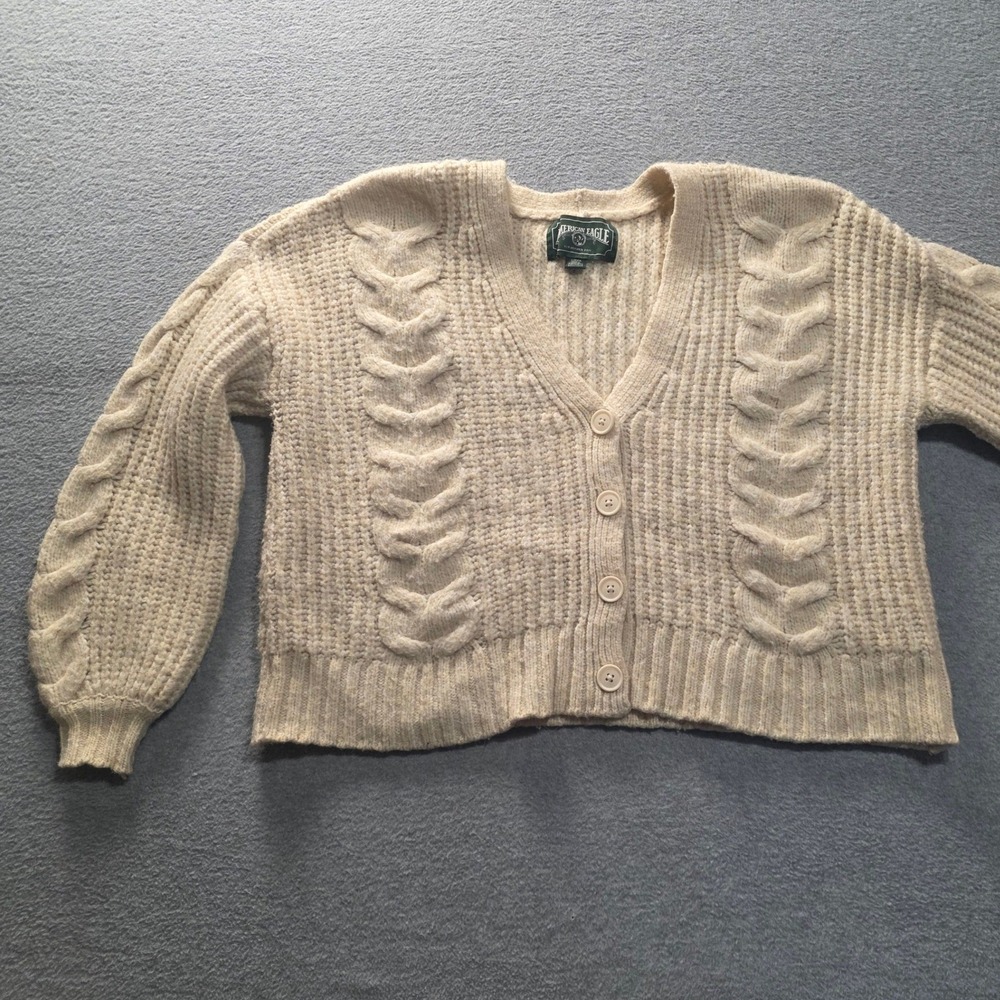 American Eagle Cable Knit Cardigan Sweater Womens S Oatmeal VNeck Wool Blend Y2K